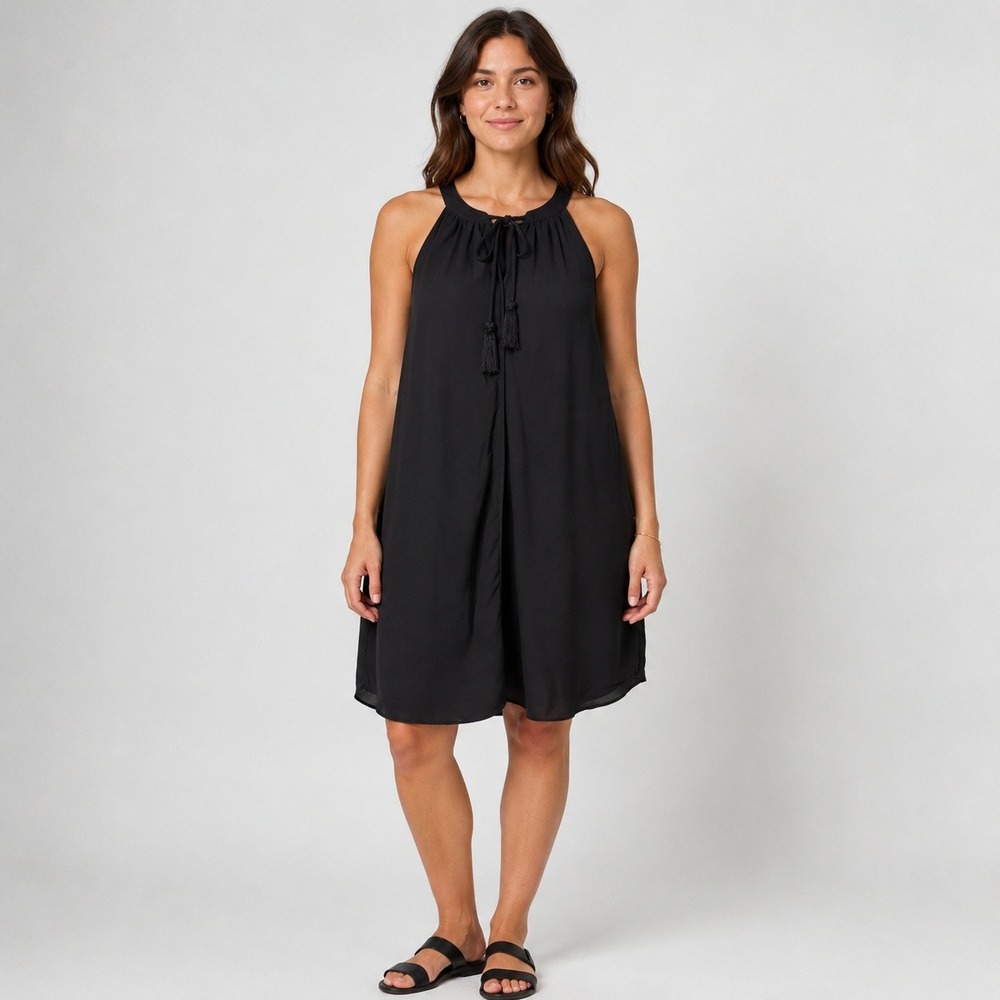 C&E Black Halter Shift‎ Dress Womens S Tassel Tie Sleeveless Lined